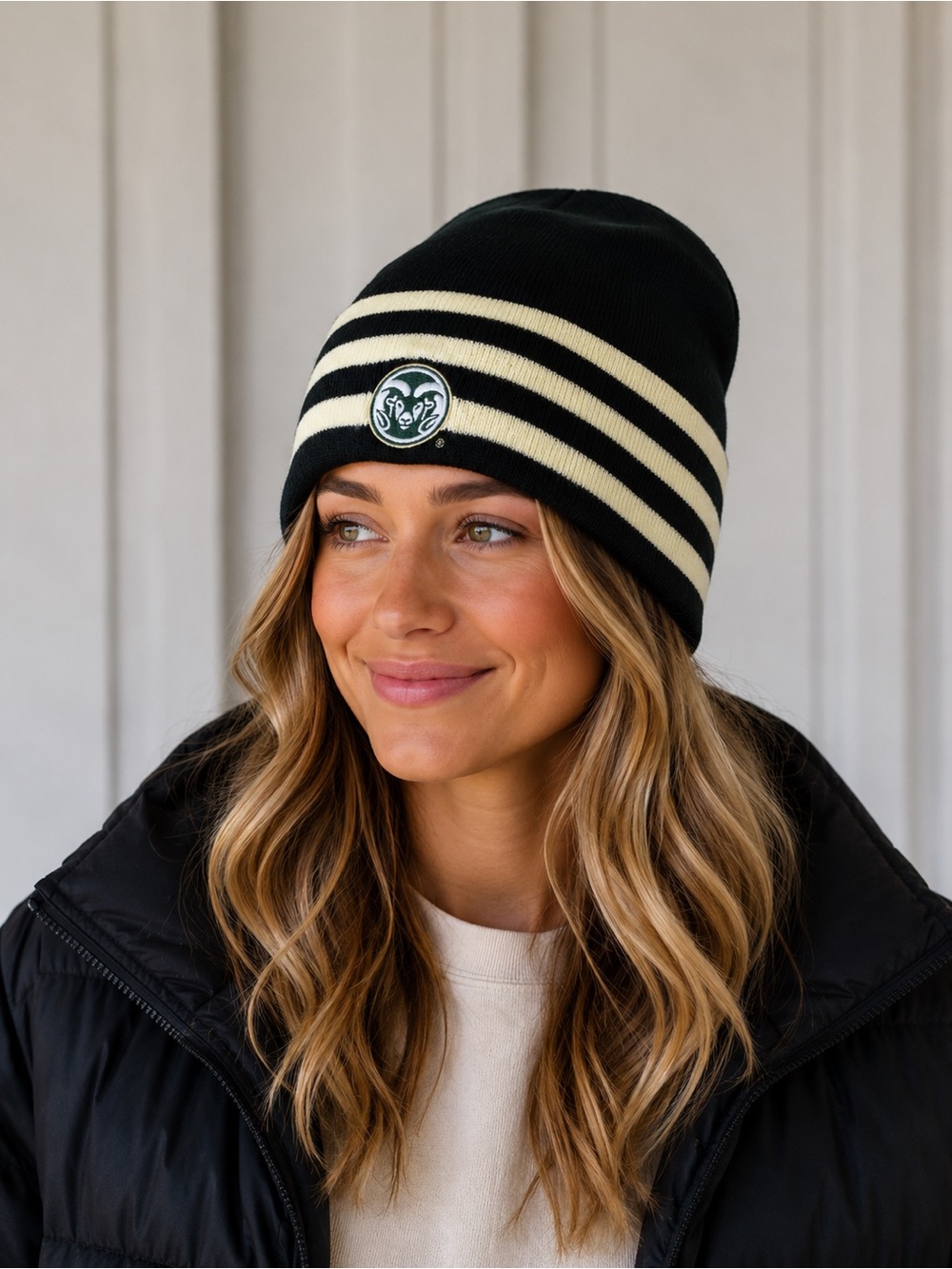 CSU Green & Yellow Striped Beanie with Ram Logo